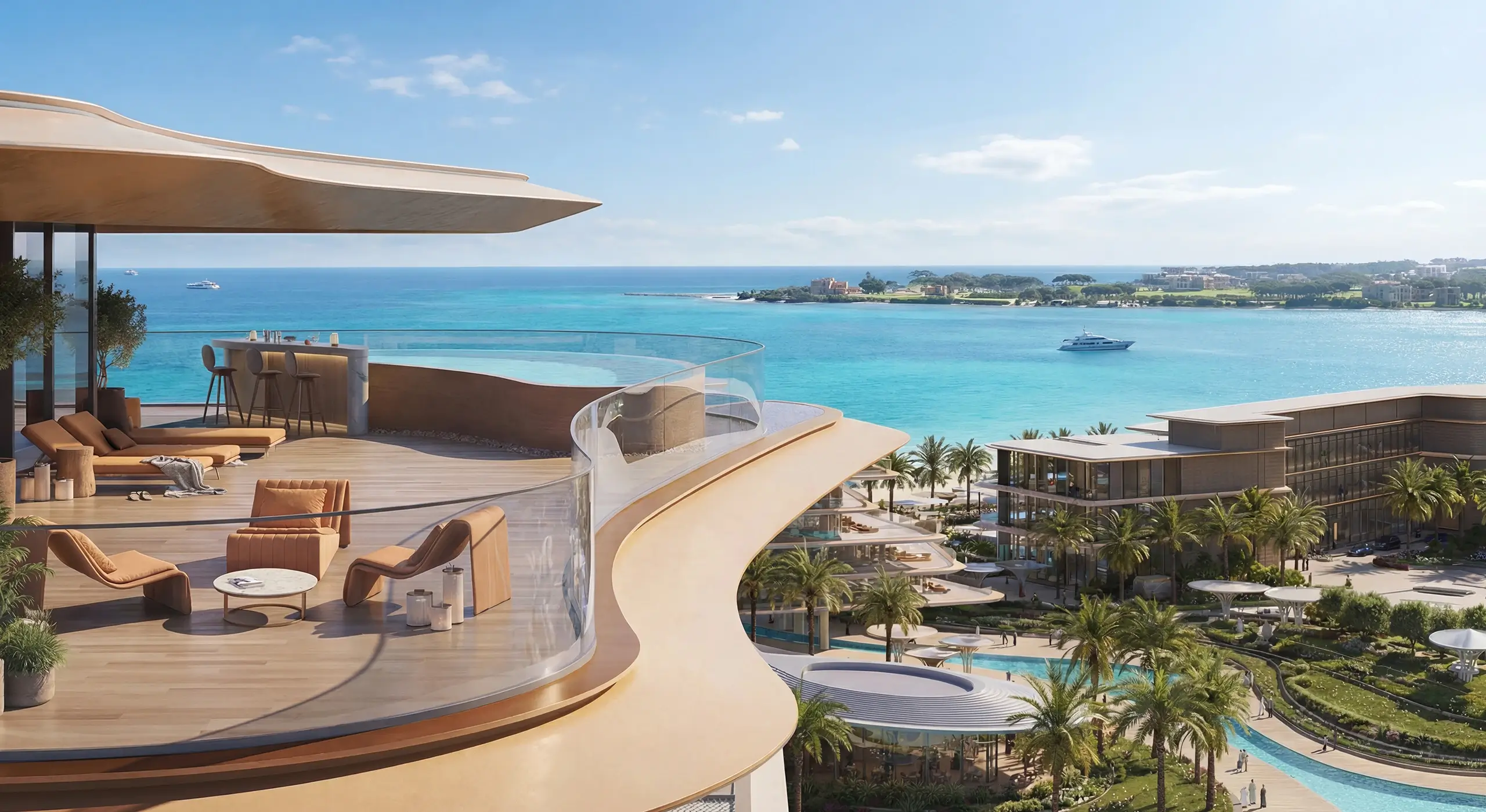 Meriva Collection terrace overlooking the sea, architectural rendering